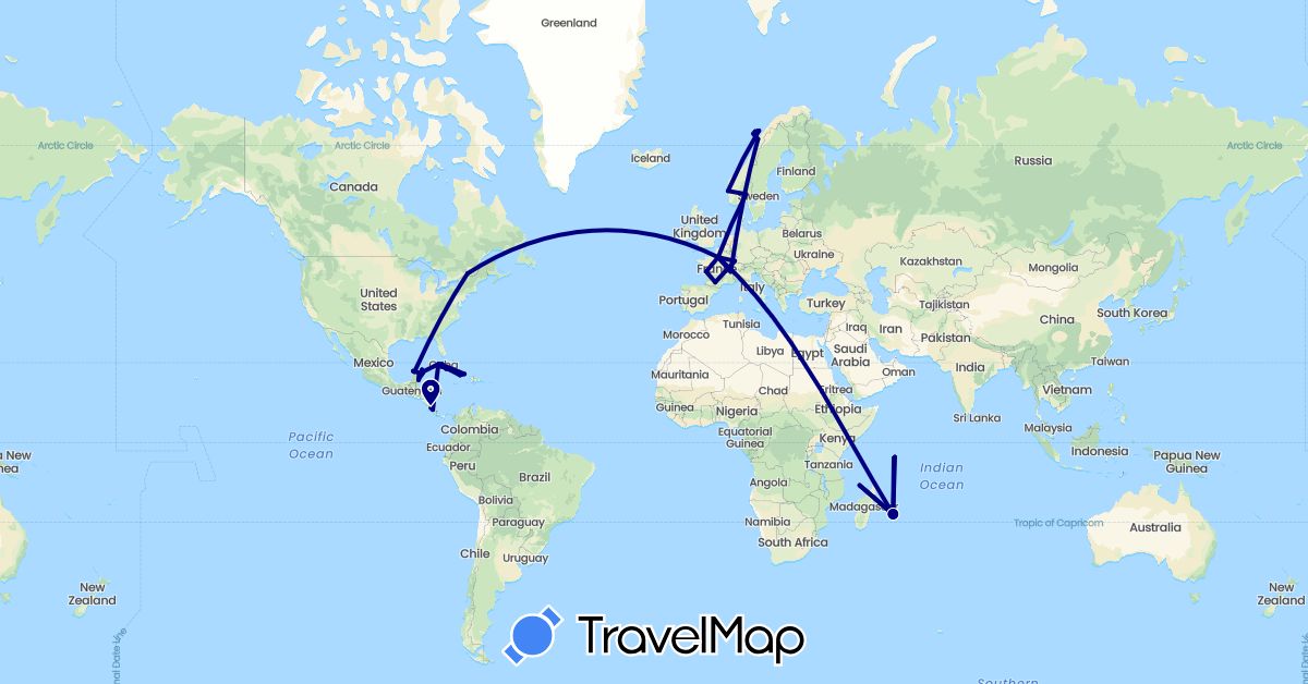 TravelMap itinerary: driving in Canada, Costa Rica, Cuba, France, Mexico, Norway, Seychelles (Africa, Europe, North America)